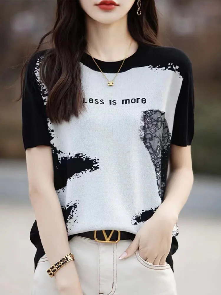 Summer High Quality Ice Silk Contrast Ink Painting Jacquard Fashion Western Knitted Short sleeved Womens T-shirt Bottom Top 240806