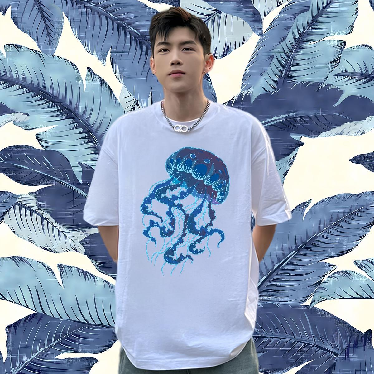 Classic Casual T Shirts Men 230g Pure Cotton jellyfish Spring Summer Wear Round Neck Short Sleeve TOP Quality Men Clothes T-Shirt Oversized