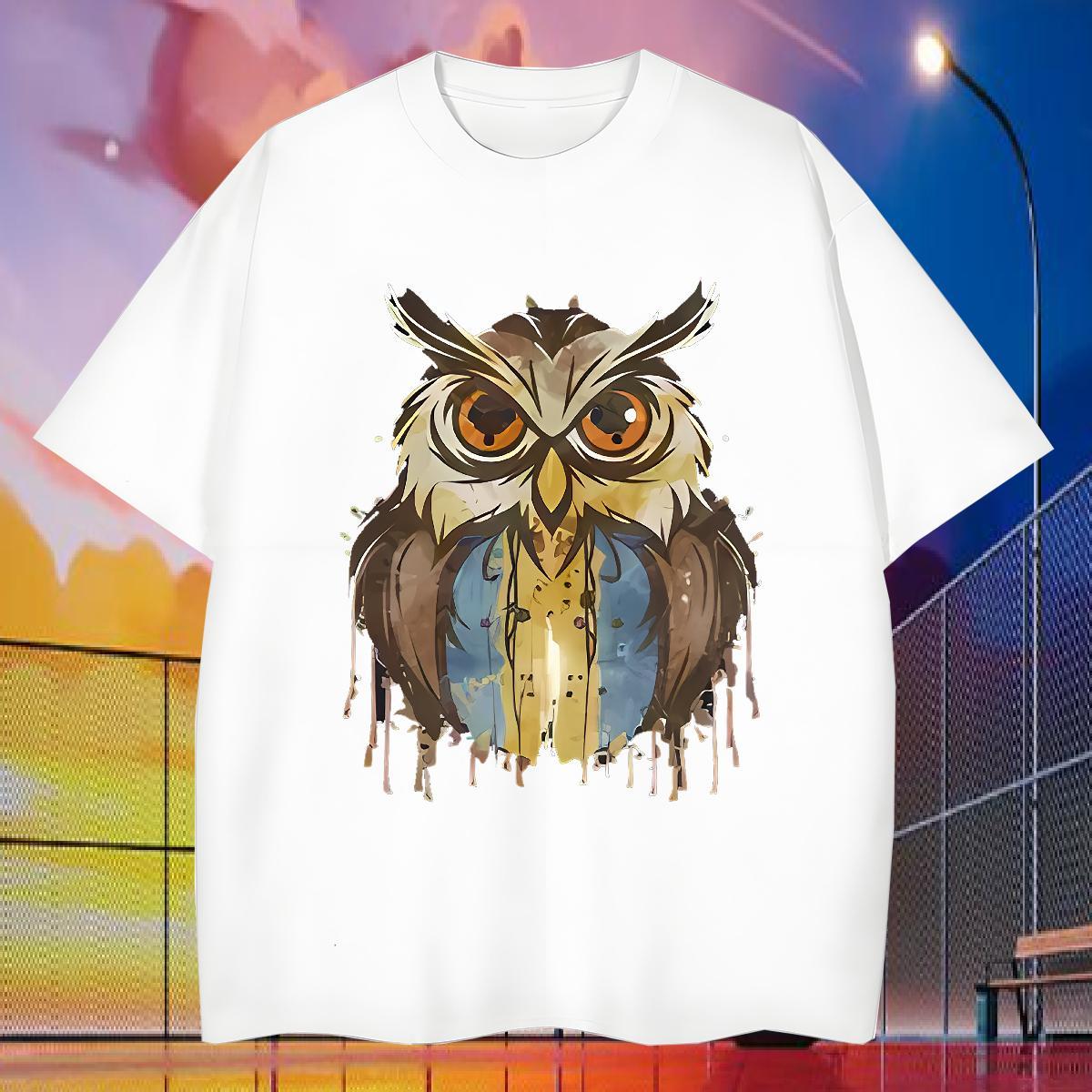 2024 New T-Shirts 230g 100% Cotton Owl Beach Tees Short Sleeve O-Neck Loose Fit Tshirts DIY Printed
