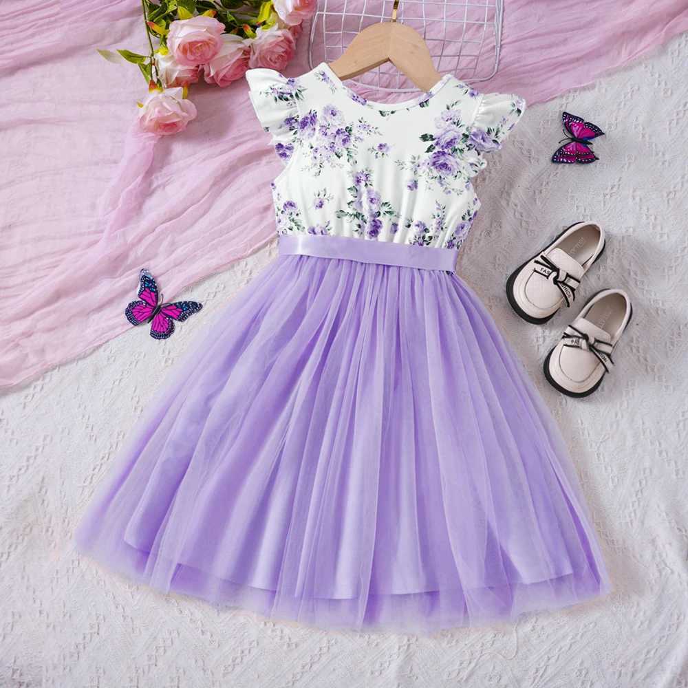Summer New Cute Flying Sleeve Romantic Flower Net Princess Dress Suitable for Middle School Children and GirlsW240720