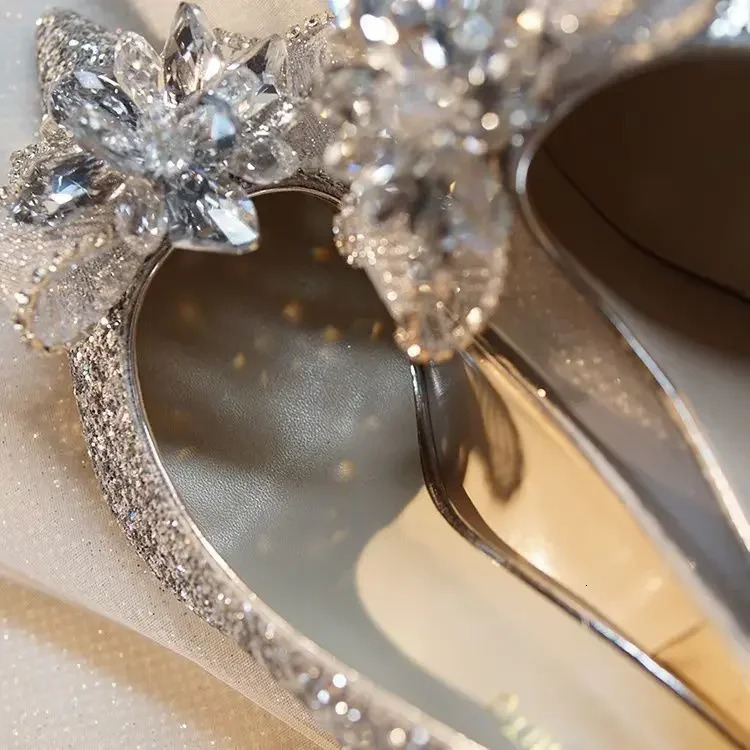 French Crystal Silver High Heels Womens 2024 Bow Solid Shining Womens Shoes Womens Pointed Toe Casual Pump 240802
