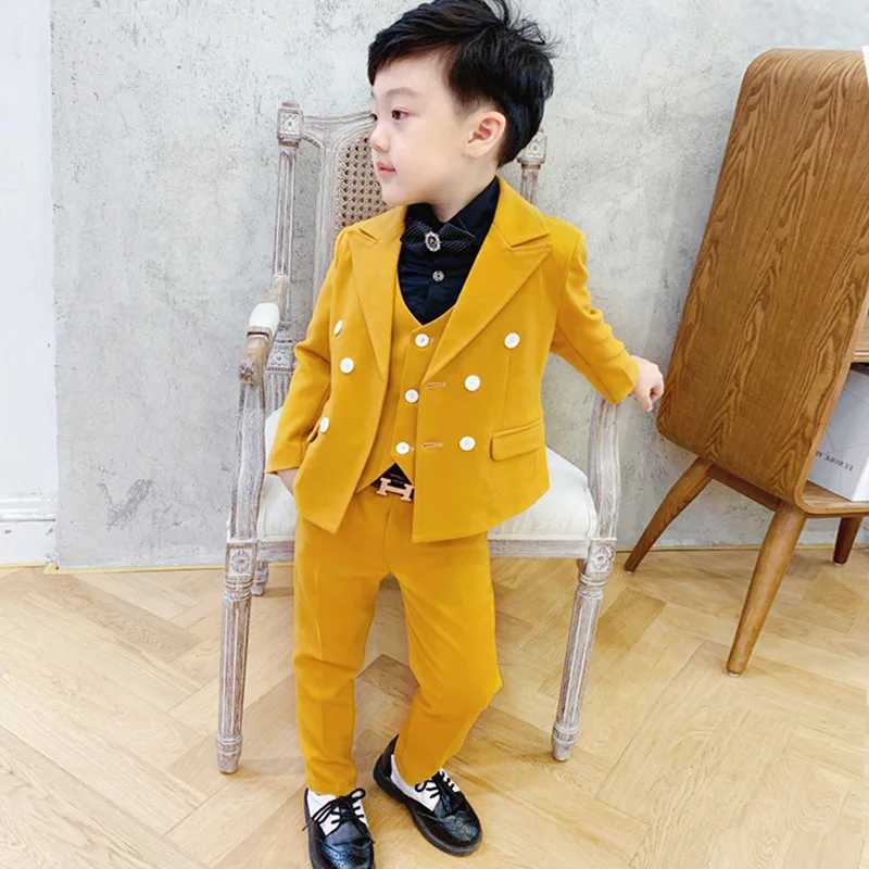 Suits Winter Boys Girls Dress Suit Set Formal Children Catwalk Show Wedding Party Costume Kids Yellow Blazer Pants Clothing Sets