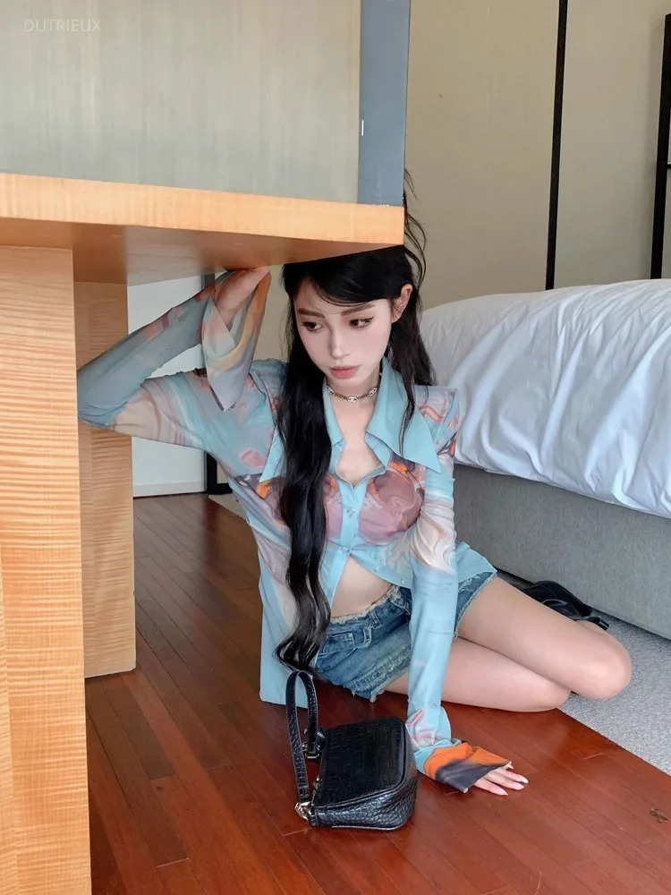Vintage Print Lapel Neck Shirts Women Autumn Long Sleeve Blouses Y2k E-Girl Slim Waist Mesh Sun Protection Tops 240806