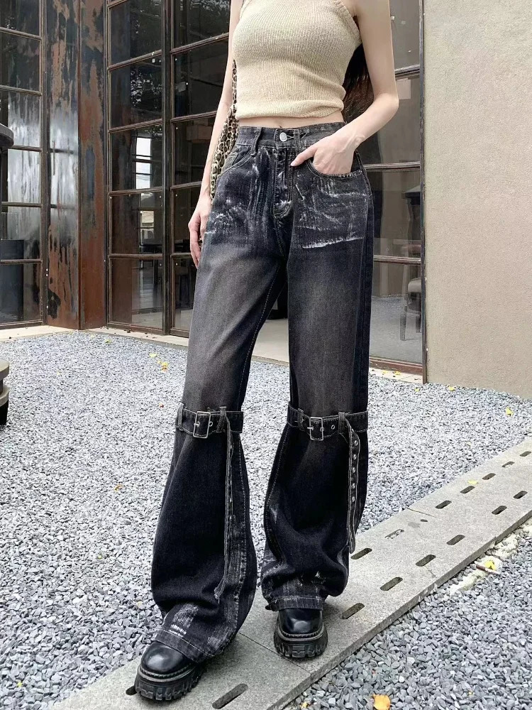 ADAgirl Y2k Baggy Goth Vintage Jeans Women Harajuku Hip Hop Casual Bandage High Waist Denim Pants Streetwear Chic Black Trousers 240806