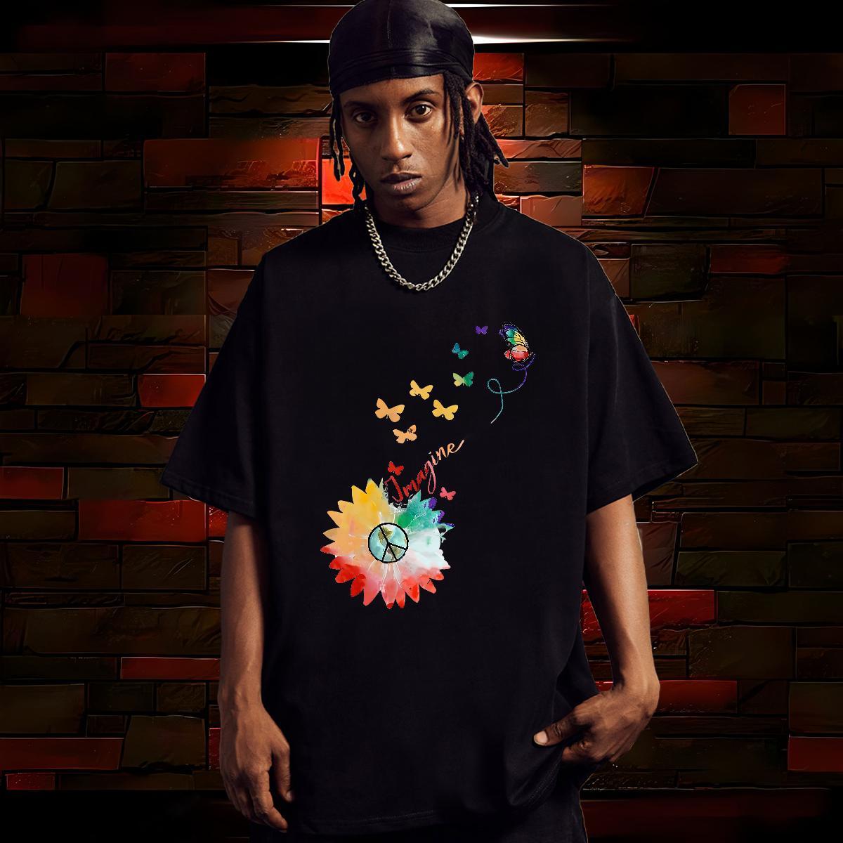 New T-Shirts 230g 100% Cotton Butterfly Casual Tops Breathable Short Sleeve Soft Men Tshirts Floral Print