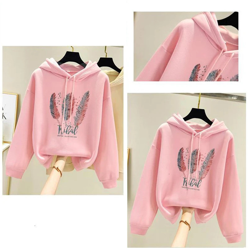 Women Fashion Feather Printed Hoodies Autumn Winter Plus Velvet Casual Loose Sweatshirt 240806