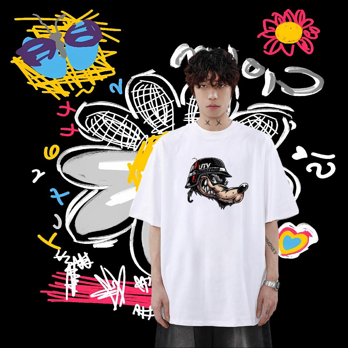 Designer T Shirt For Man 230g Pure Cotton wolf Street wear Hip Hop Tee Shirt Short Sleeve O-Neck Unisex Men Tshirts DIY Printed