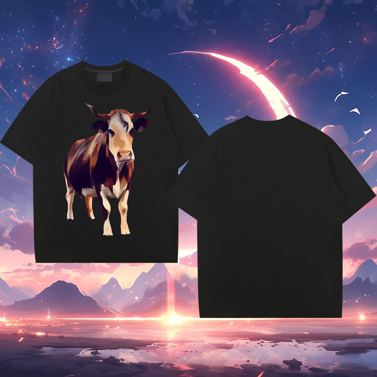 Fashion Casual T-Shirts 230g Pure Cotton cow Daily Wear Tees Shirts Breathable Crew Neck Comfortable Men Tshirts Cartoon Printing L-4XL