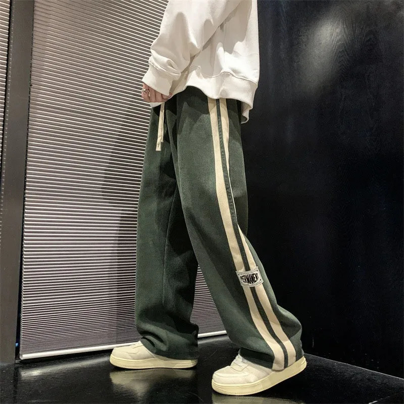 Side Striped Corduroy WideLeg Pant Men Korean Fashion Hip Hop Cargo Loose Casual Straight Sports Outdoor Running 240806