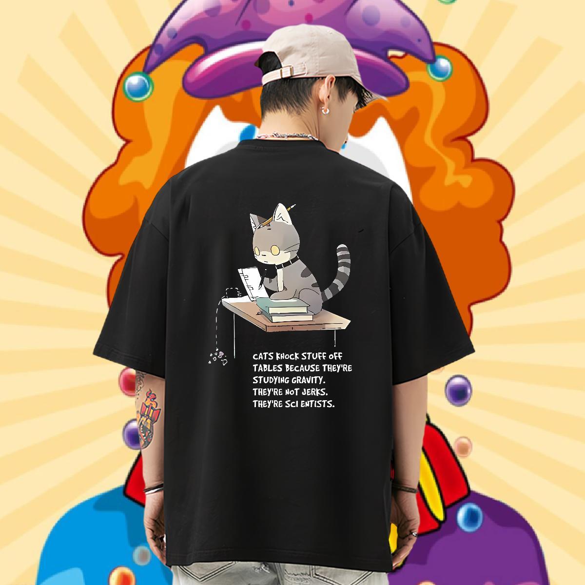 2024 Summer T Shirts Men 230g Cotton cat Hip Hop Top Tees Crew Neck Breathable TOP Quality Men Tops Tees Plus Size Cartoon