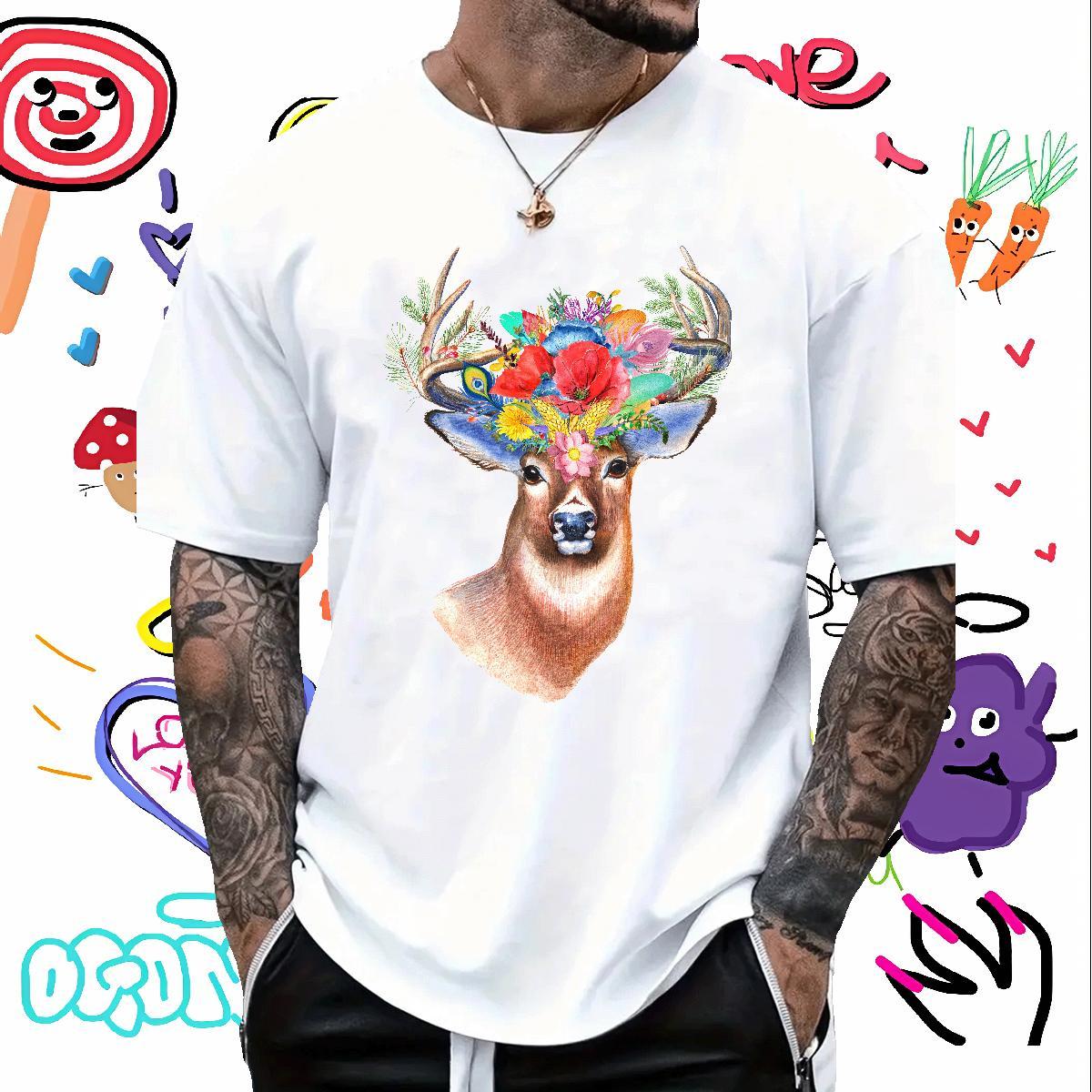 Fashion Designer Men T Shirts 230g 100% Cotton Deer Casual Beach Top Tees Crew Neck Classic Mens Tshirts Cartoon Print