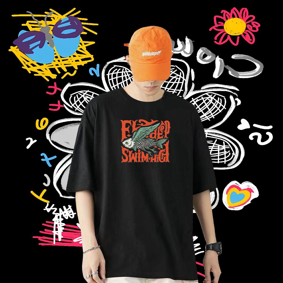 Designer Fashion T Shirts Men 100% Cotton 230g fish Summer Casual Tops Shirt Crew Neck Breathable Loose Tshirt for Man Woman DIY Printed