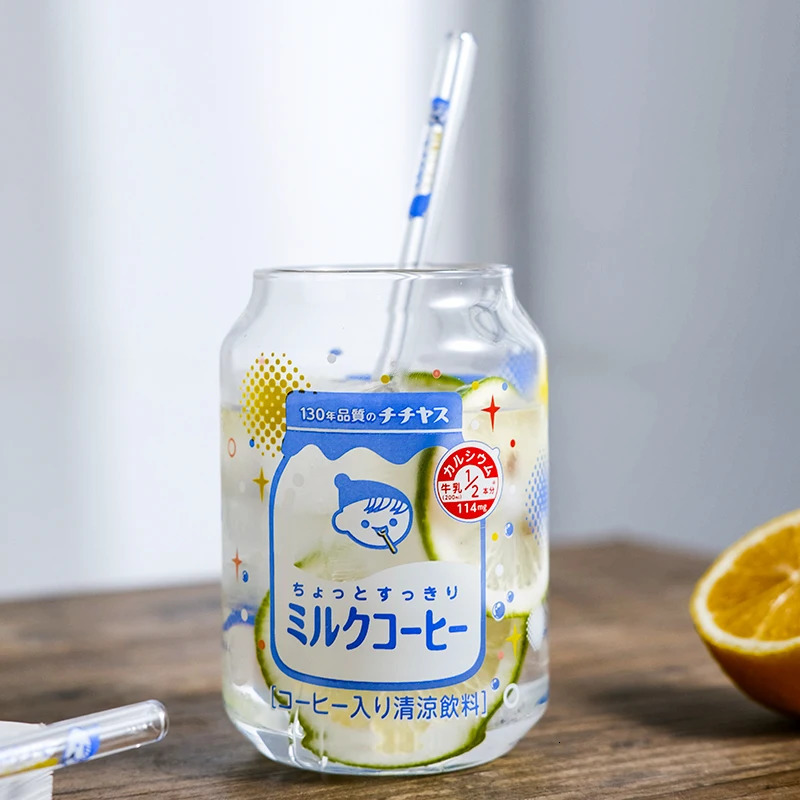 246Pcs Kawai Japanese Cute Yogurt Jun Can Glass Cups Heat-resistant Milk Cups Iced Coffee Water Glasses Mug With StraightStraw 240806