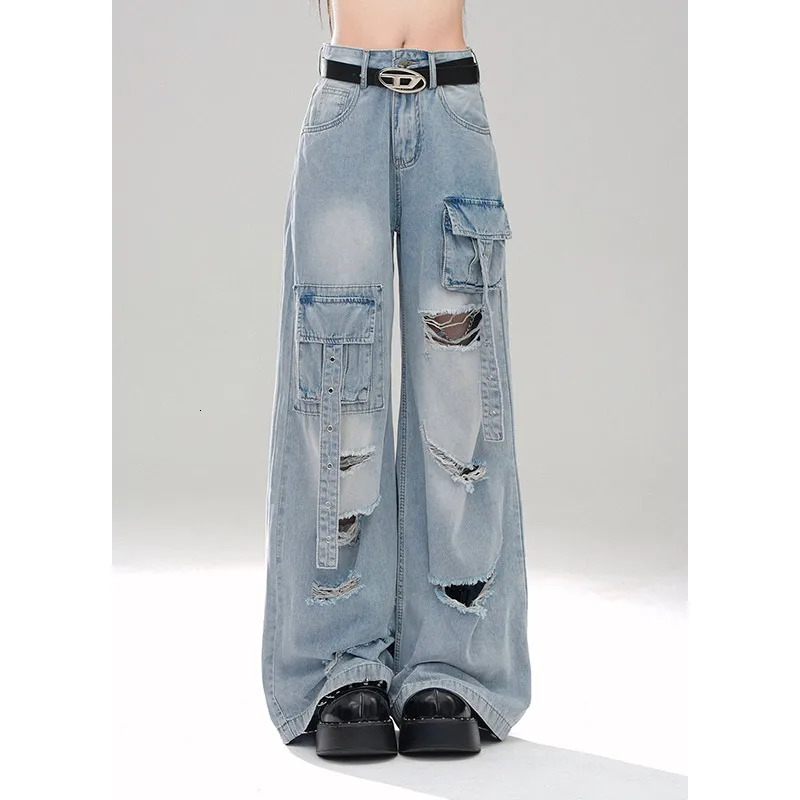 High Waist BlueWomens Jeans Vintage Straight Baggy Denim Pants Streetwear American Style Cargo Plus Size Wide Leg Denim Trouser 240806