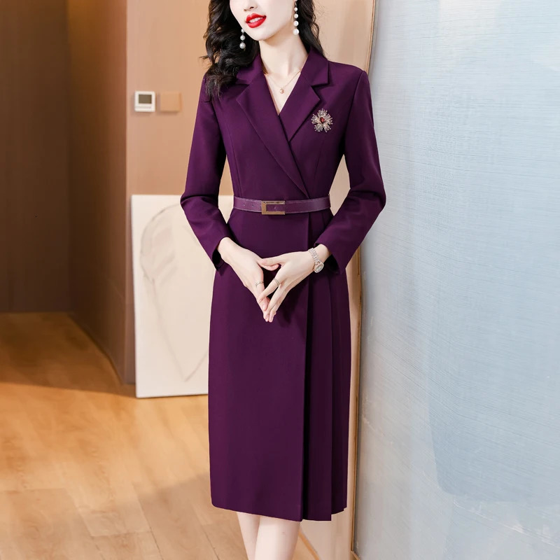 Spring Solid Color Suit Collar Long sleeved Straight Barrel Dress Womens Waist Belt Slimming Knee Length Dress 240806