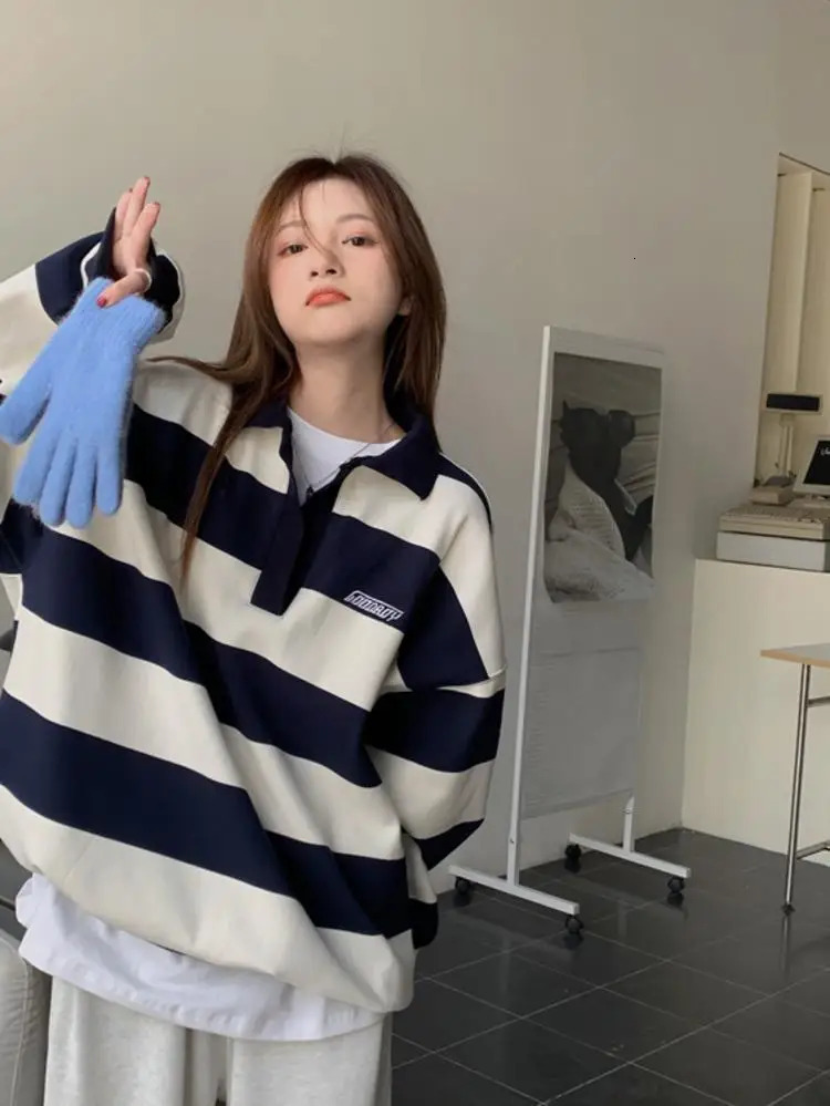 Harajuku Striped Sweatshirt Women Korean Style Preppy Pullover Female Fashion Polo Sweatshirt Ladies Casual Long Sleeve Top 240806