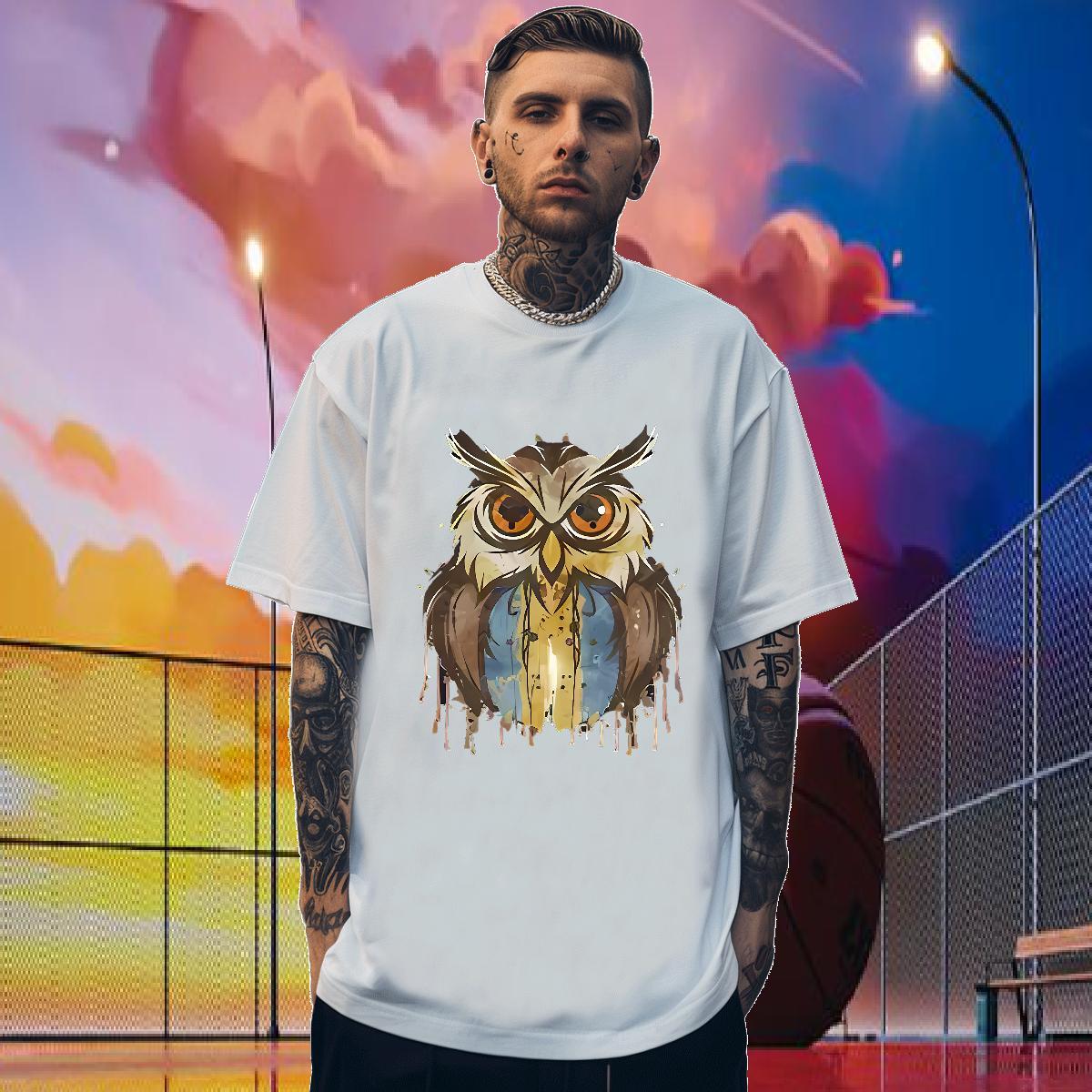 2024 New T-Shirts 230g 100% Cotton Owl Beach Tees Short Sleeve O-Neck Loose Fit Tshirts DIY Printed