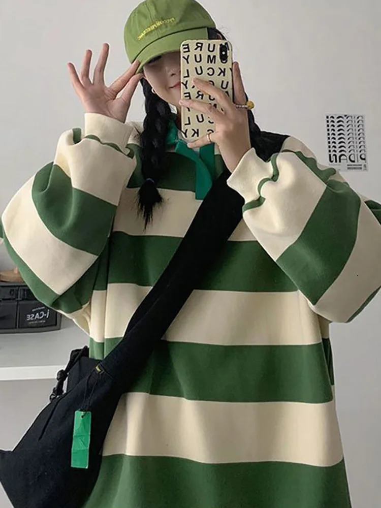Green Striped T shirt Women Oversized Tee Harajuku Long Sleeve preppy Polo Shirt Ladies T-shirts For Teenagers Spring Casual Top 240806