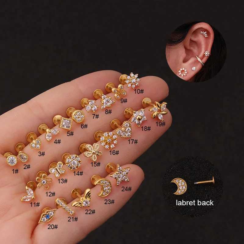 2020 New 1Pc Flat Labret Rear Ear Perforated Jewelry Crystal Cz Mini Pocket Spiral Daith Conch Rook Tragus Earrings W240803