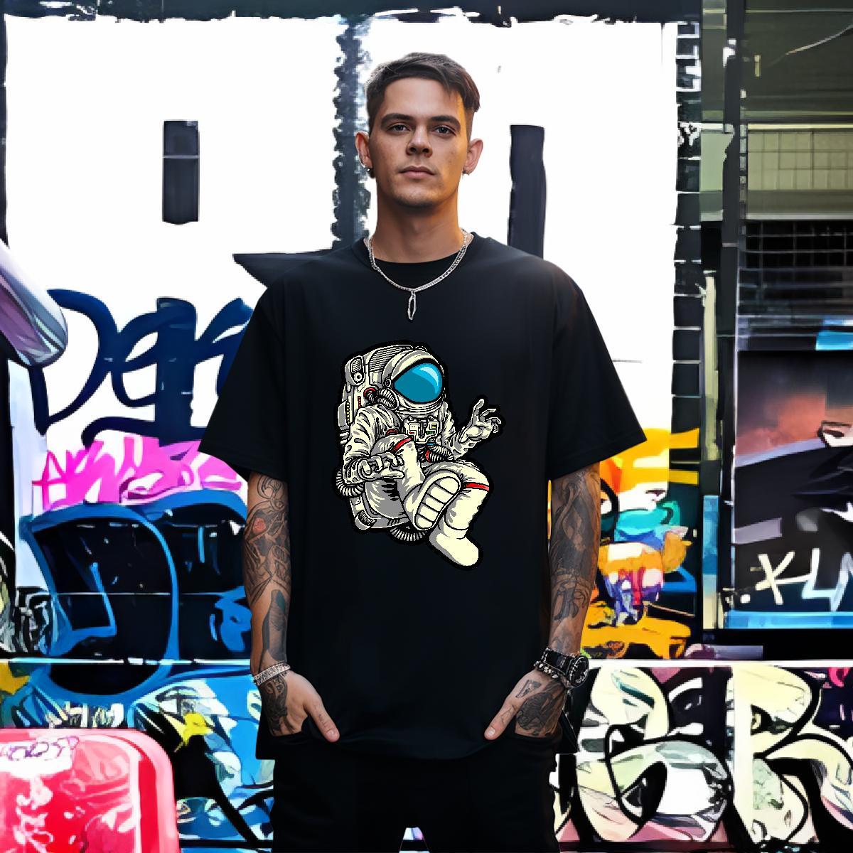 T-Shirts for Men 230g Pure Cotton cosmonaut Street Crew Neck Breathable Asian Size Tshirts New Free Shipping Tops Shirt