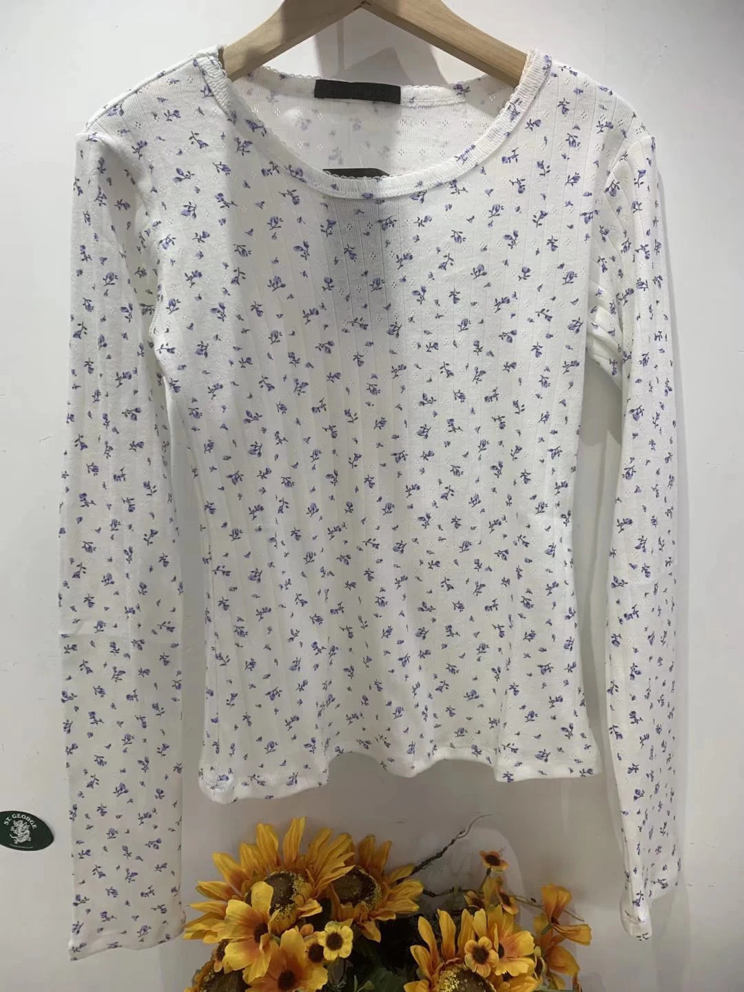 Vintage Floral Print Slim Long Sleeve T-Shirts Women Summer Sweet Lace Trim O Neck Cotton Y2k Tops Retro Chic Hollow Out T Shirt 240806