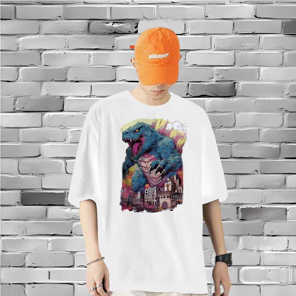 Customized T-Shirts for Men 100% Cotton 230g dinosaur Hip Hop Wear Breathable Short Sleeve Classic Men Tees Asian Size