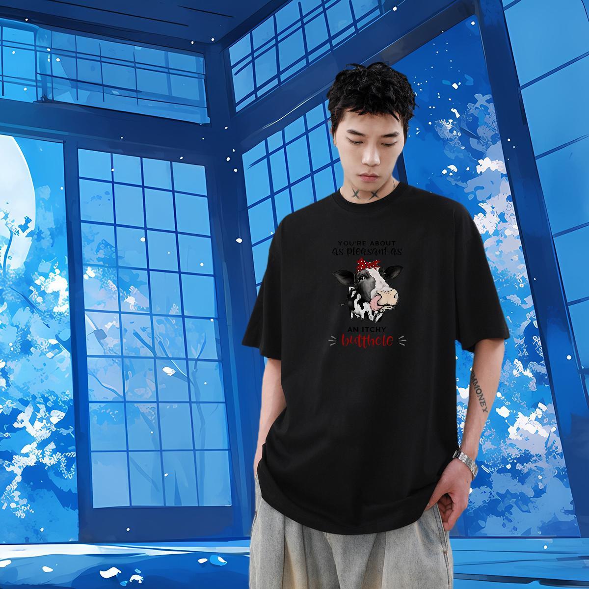 2024 Men T Shirts 230g Cotton cow Spring Summer Tees O-Neck Short Sleeve Soft Tshirt for Man Woman Cartoon Print