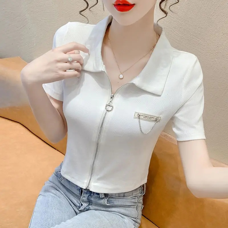 Women Summer Simplicity Slim Zipper Fashion Solid Color Polo-Neck Short Sleeve T-Shirt Ladies Trend All-match Appear Thin Tops 240806