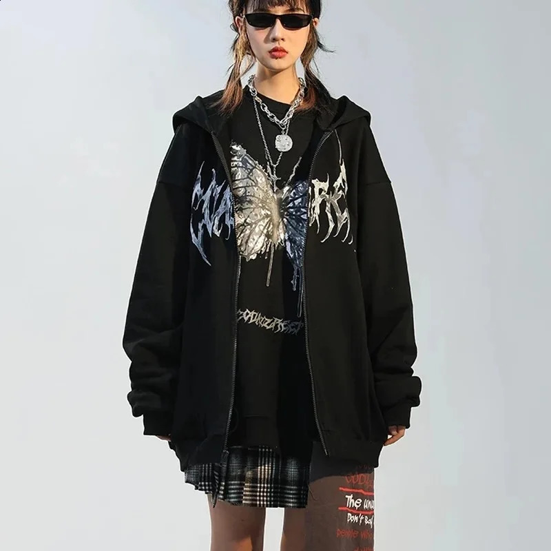 Gothic Graphic Print Jackets Women Y2K Zip Up Hoodies Streetwear Sweatshirts Hip Hop Tops Loose Harajuku Casual Coats 240806
