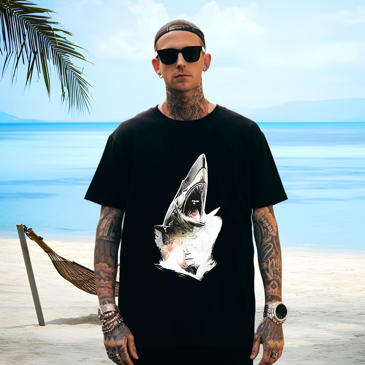 Cool Design Men Tops Tees 230g Pure Cotton shark T Shirts Men Casual Short Sleeve O-Neck White Plus Size Casual New Tops Shirt