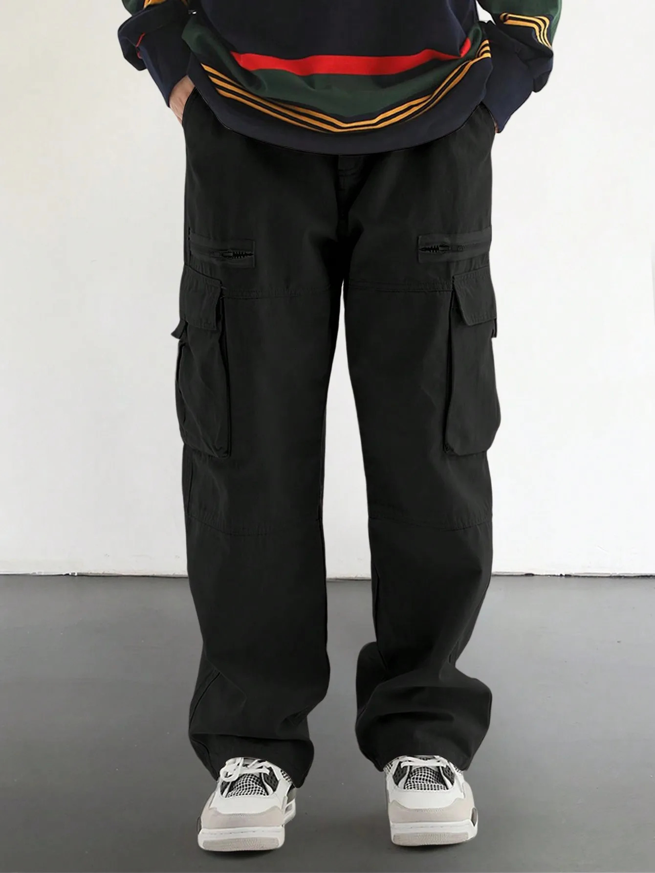 Solid Multi Flap Pockets Mens Straight Leg Cargo Pants Work Loose Casual Outdoor Baggy Trendy Streetwear 240806