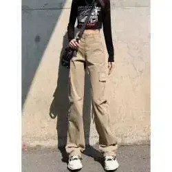 American Style Vintage Wide-leg Denim Cargo Pants For Women High-waisted Straight-leg Slimming Casual Trousers Arrival Spring 240806