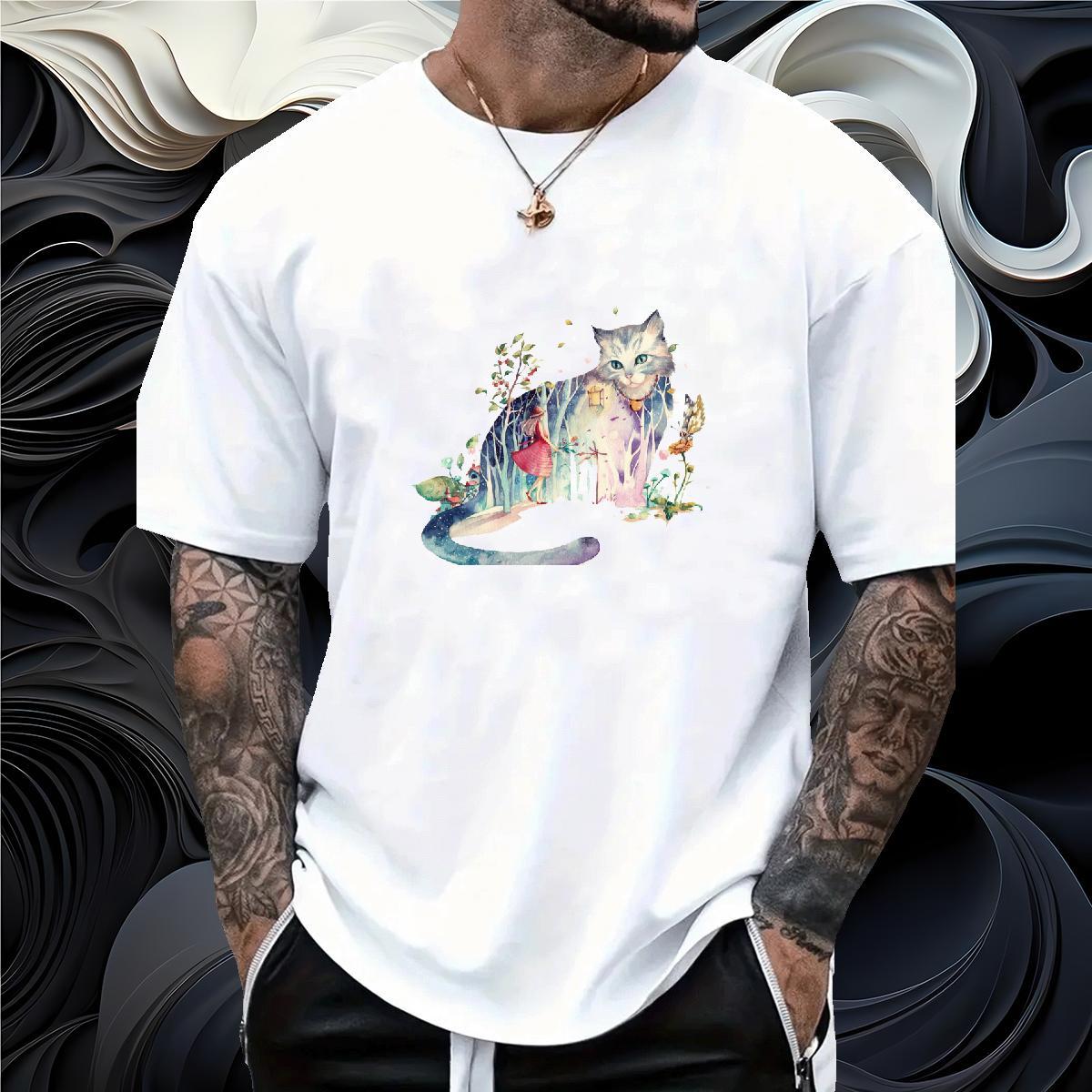 2024 New T-Shirts for Men 230g 100% Cotton cat Beach Tshirts Breathable Crew Neck Classic Couples T Shirts Oversized