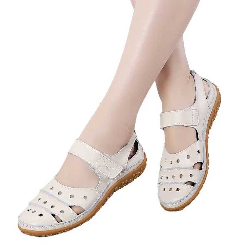 High Quality Mother Womens Female Ladies Genuine Leather White Shoes Sandals Hook Loop Summer Cool Beach Hollow Soft Nurse Shoes T241227