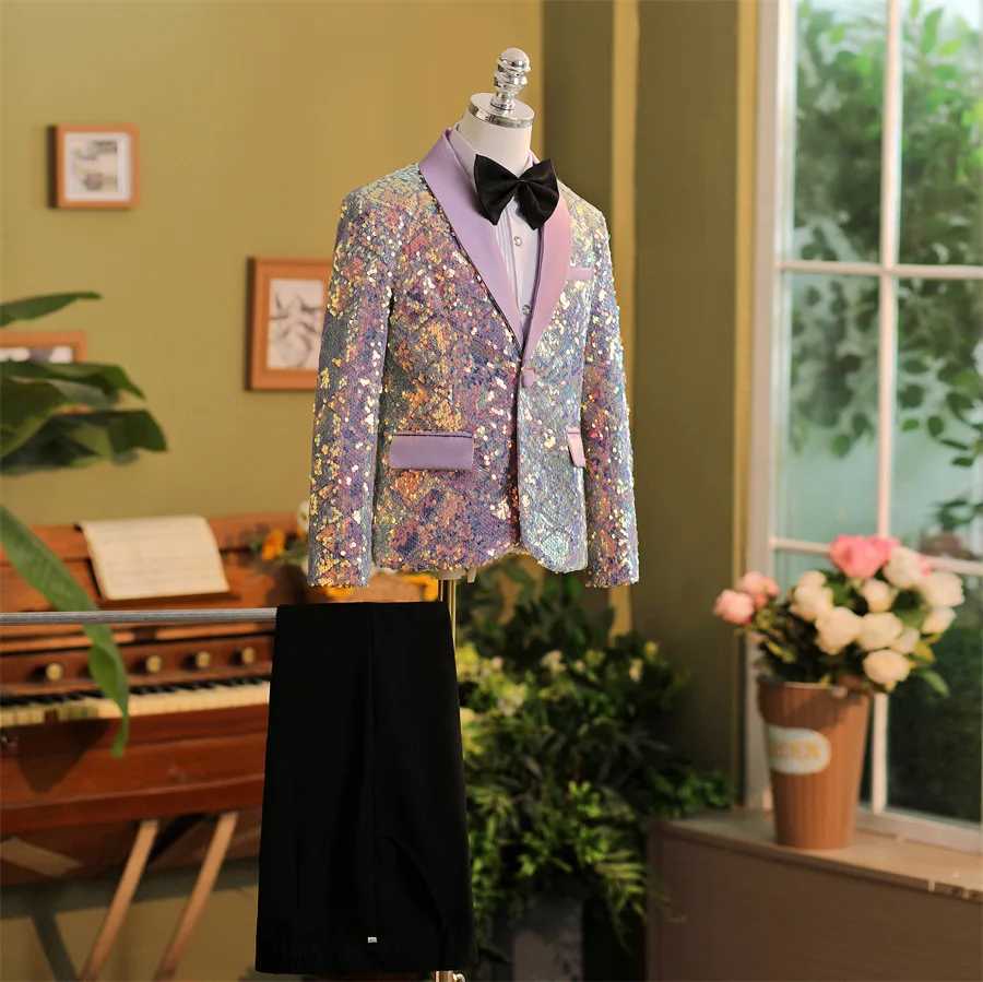 Suits Boys Purple Sequined High End Suit Set Childrens Catwalk Stage Host Performance Photography Wedding Costume Kids Blazer