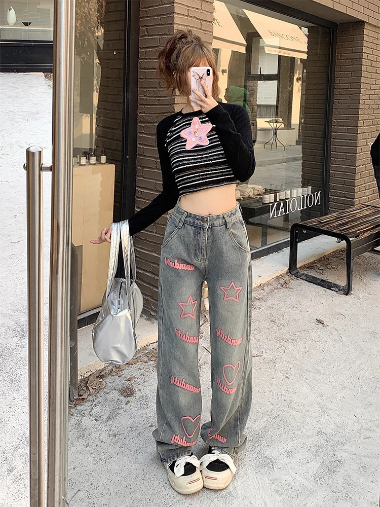 Womens Y2k Star Jeans Baggy Harajuku Aesthetic Denim Trousers Vintage Streetwear Jean Pants Japanese 2000s Style Trashy Clothes 240806