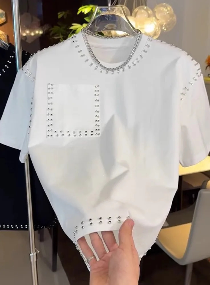 Fashion Trend Mens Tshirt 2024 Summer Loose Rivet Half Sleeve Casual Handsome Solid Color Short 240806