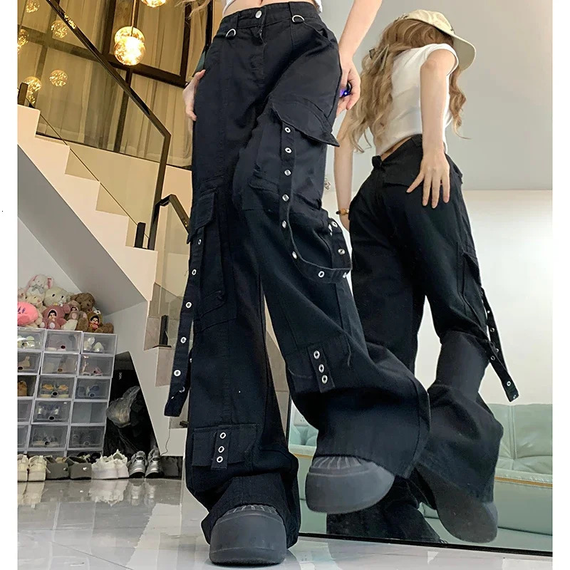 Woman High Waist American High Street Wide Leg Jeans Female Loose Oversized Cargo Pants Lady Black Denim Straight Leg Trousers 240806