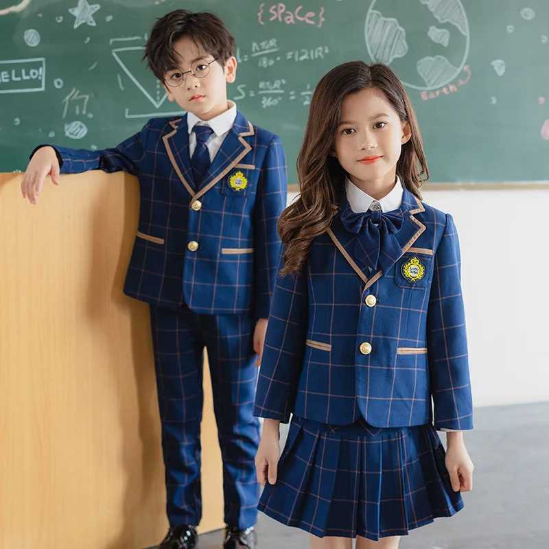 Suits Childrens British Style School Uniforms Suit Set Boys Girls Plaid Jacket Pants Tie Outfit Kids Performance Chorus Costume