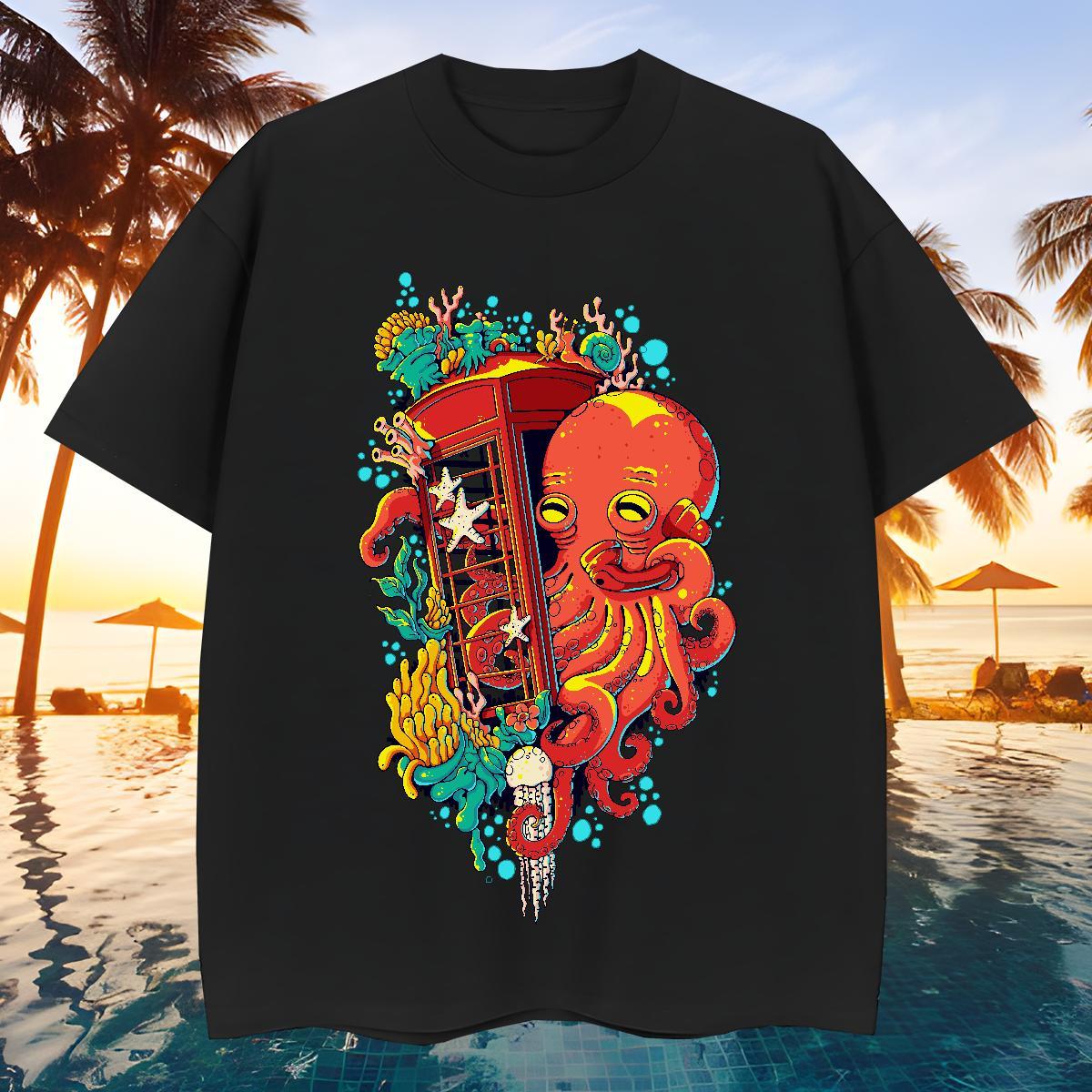 Classic Couples T Shirts 230g 100% Cotton octopus T Shirt For Man Spring Summer Breathable Short Sleeve Oversized 2024 New Tees Shirts