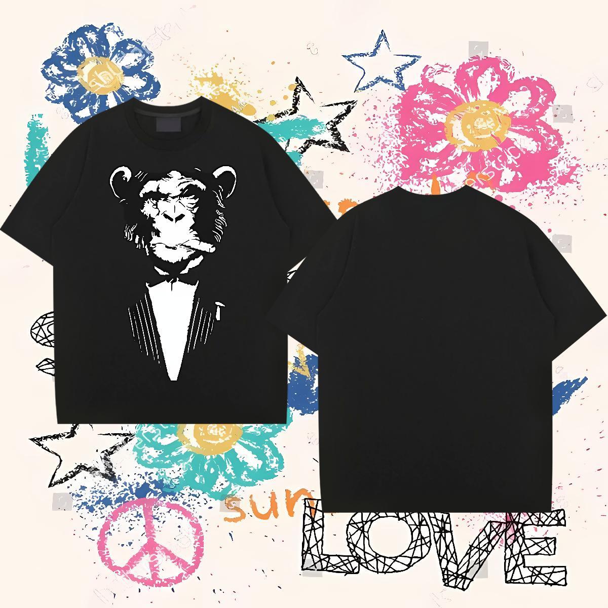 Designer Fashion T-Shirts for Men 230g 100% Cotton chimpanzee Spring Summer Clothings Short Sleeve O-Neck Brand Tshirts Black Oversized