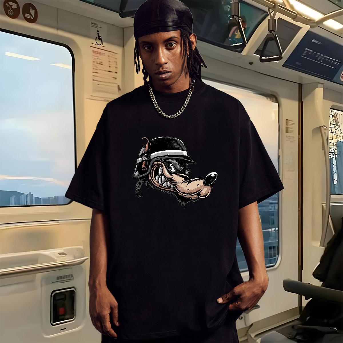 2024 Summer Men T Shirts 230g 100% Cotton wolf High Street Hip Hop Tops Shirt O Neck Short Sleeves Wholesale Tshirts Anime