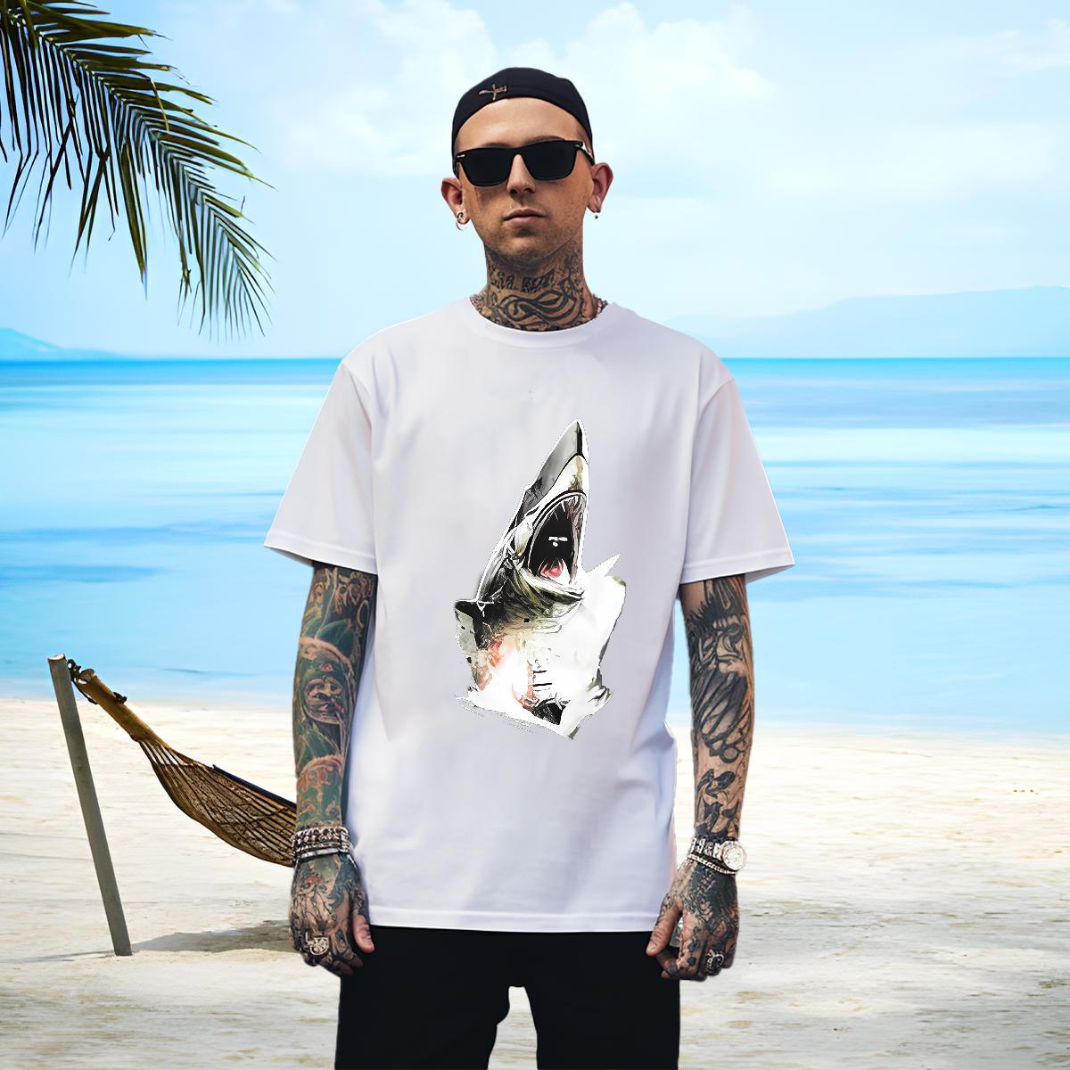 Cool Design Men Tops Tees 230g Pure Cotton shark T Shirts Men Casual Short Sleeve O-Neck White Plus Size Casual New Tops Shirt