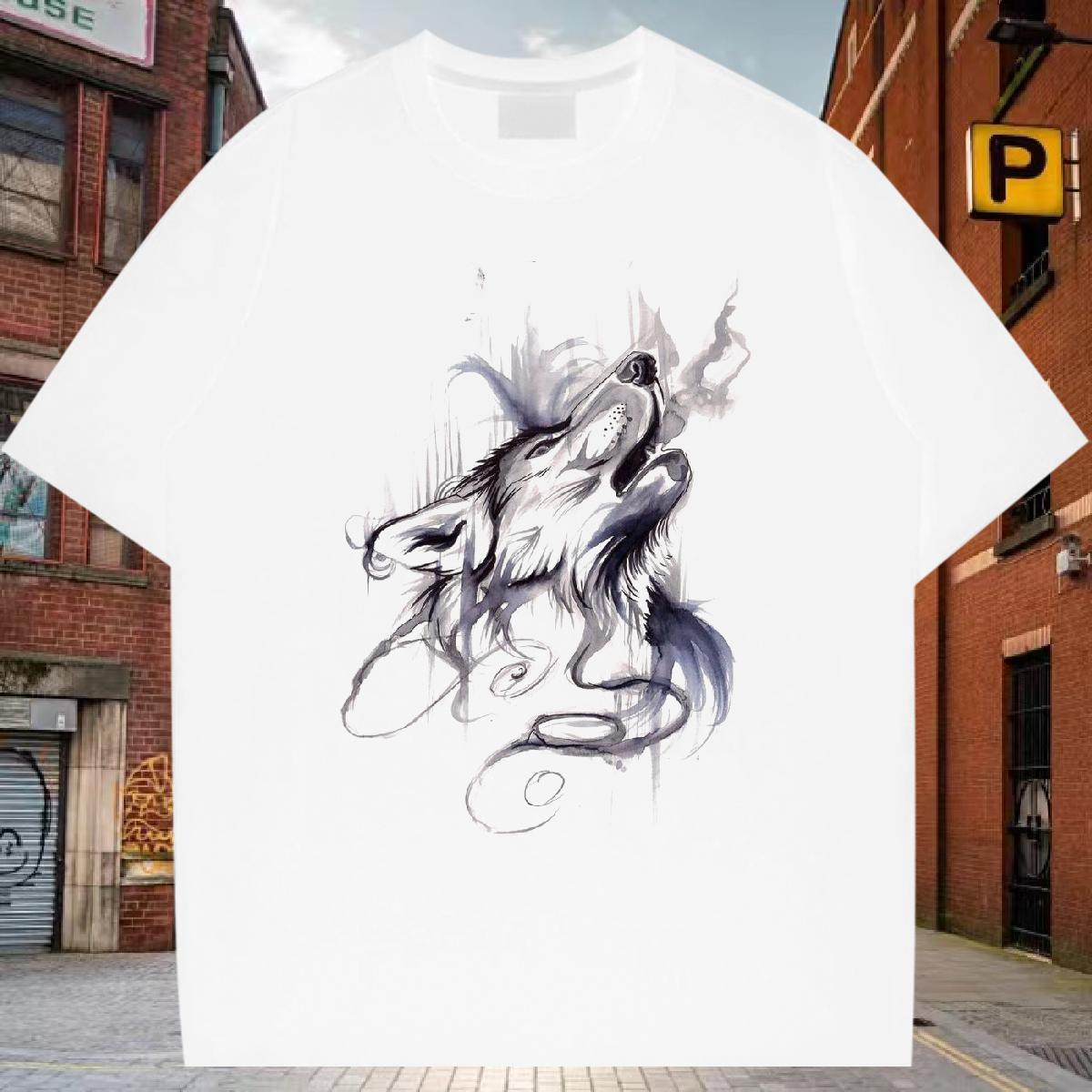 T-Shirts for Men 230g Pure Cotton wolf High Street Hip Hop Short Sleeve Soft Black White Men Tees Casual New High Quality Tshirts