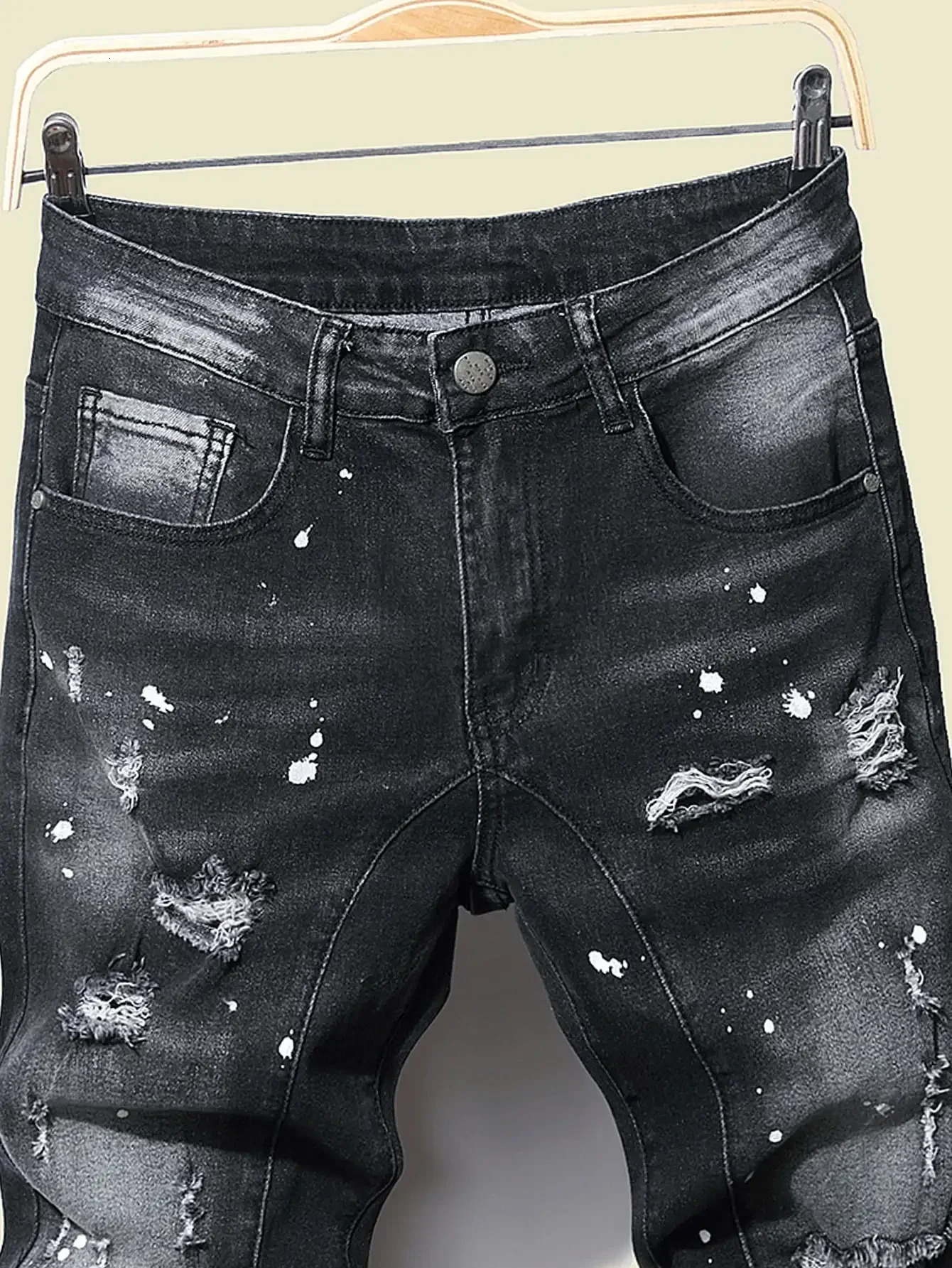 Men Black Skinny Denim Spot Jeans Male Ripped Stretch Fit Slim Trousers Long Pants Streetwear Casual 240806