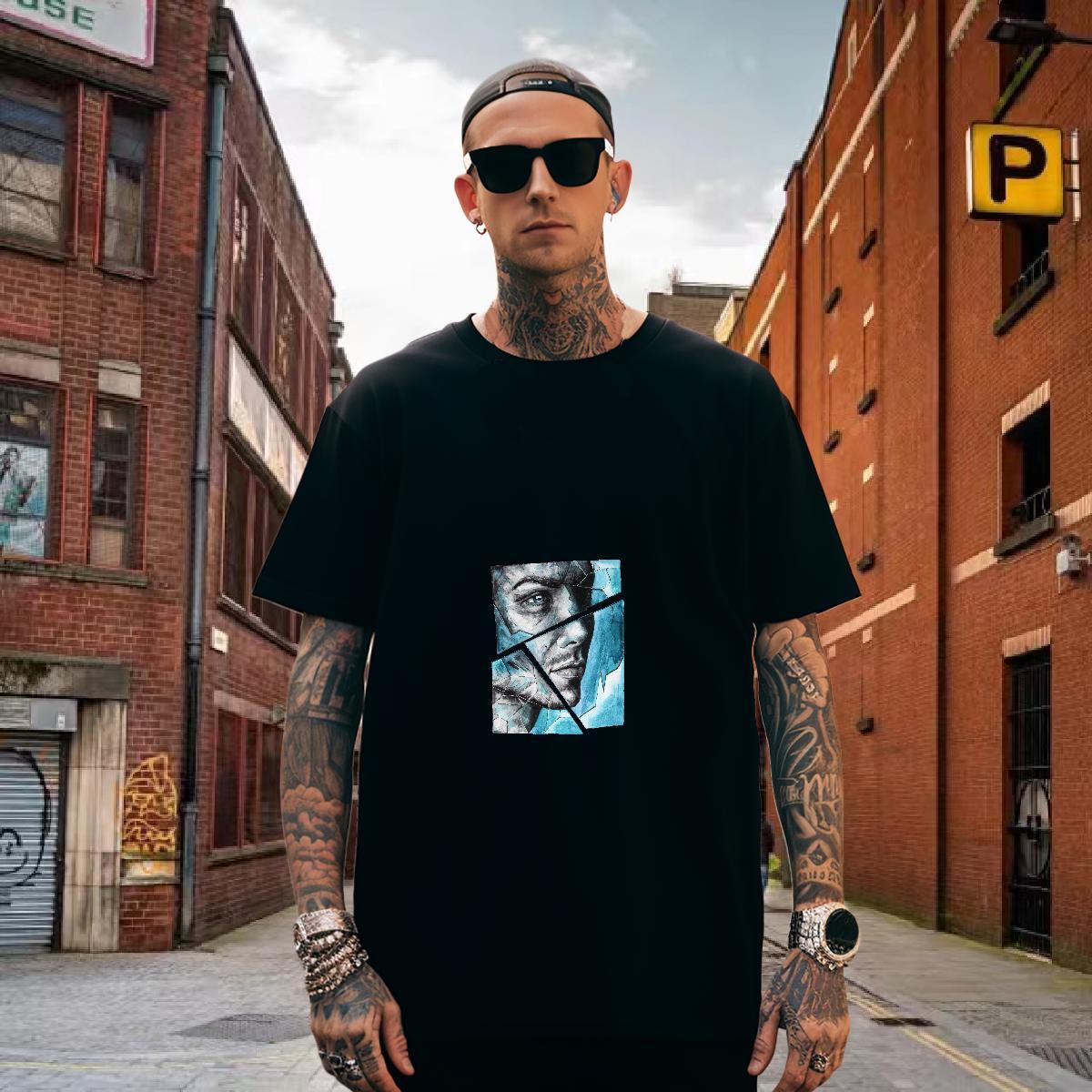 Mens T Shirts 100% Cotton 230g portrait Hip Hop Street Short Sleeve O-Neck Black White Mens Tshirts 2024 TOP Quality Tops Tees