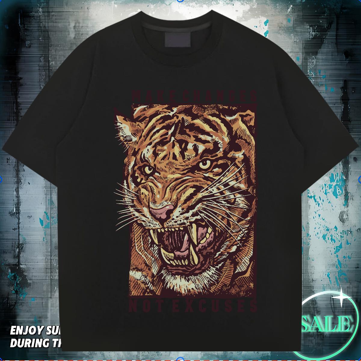 Fashion Designer T shirt 230g Pure Cotton tiger Hip Hop Clothings Breathable Crew Neck Brand Mens Tshirts DIY Printed