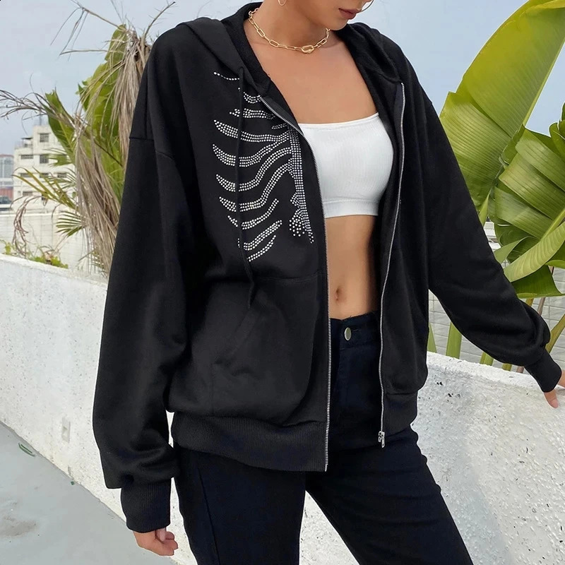Y2K Rhinestone Skeleton Hoodies Women Gothic Black Zip Up Oversized Sweatshirts Female Retro Harajuku Hooded Jacket Streetwear 240805