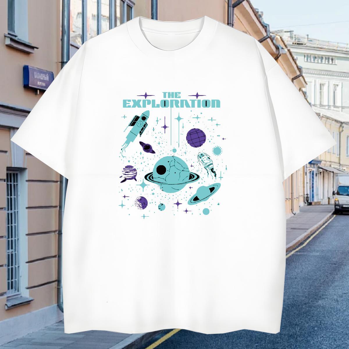 T-Shirts 100% Cotton 230g planet High Street Hip Hop Round Neck Short Sleeve Cartoon Printing L-4XL Men Tshirts Brand Loose Wear