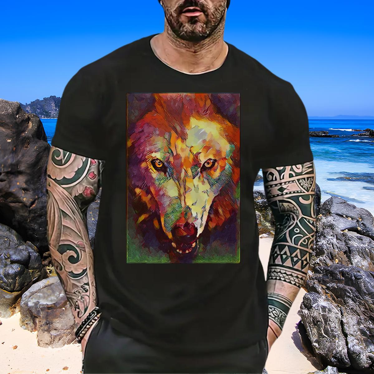 Classic Men Tops Tees 100% Cotton 230g wolf T-Shirts Daily Outfit Breathable Crew Neck Black White Classic Casual Clothes